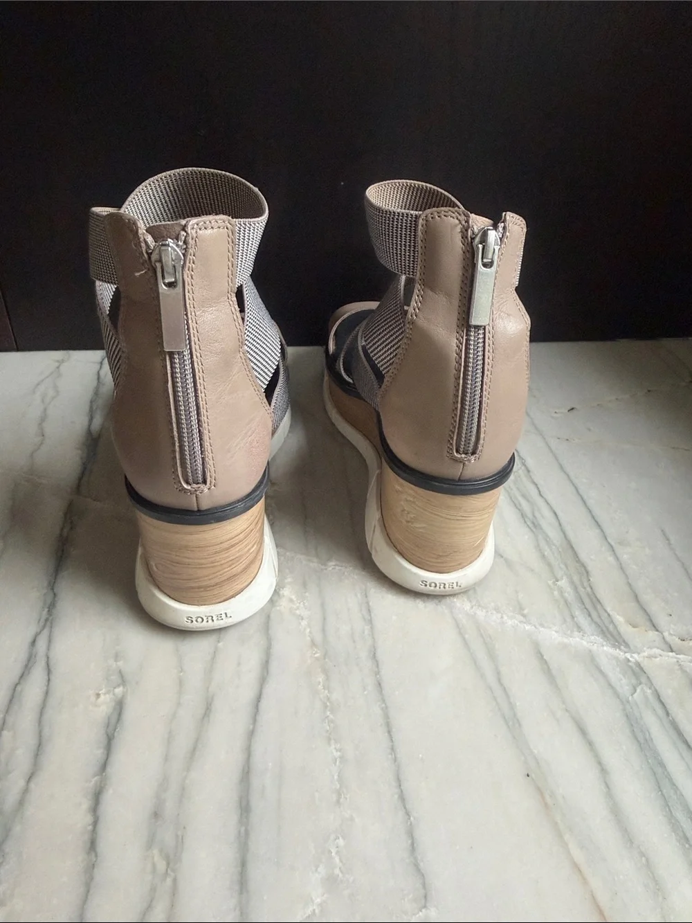 Sorel Taupe Strappy Wedge Sandals with Wood-Look Platform